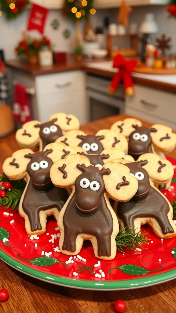 Moose-shaped Christmas cookies decorated with chocolate and icing on a festive plate.